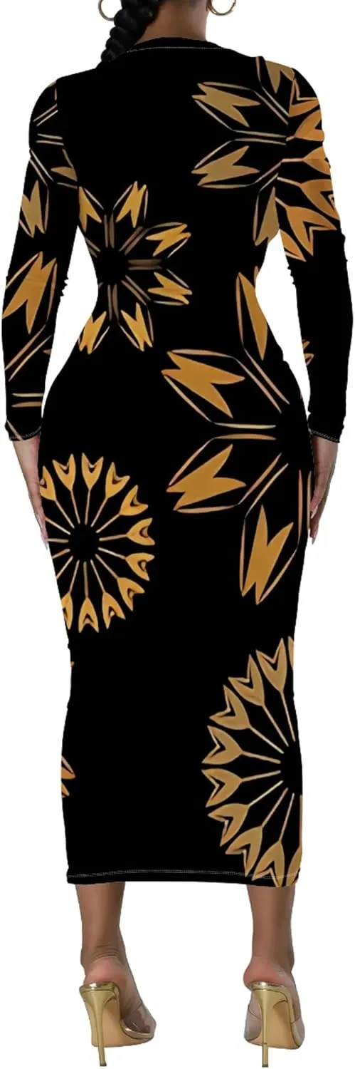Women's Fashion Basic Pencil Bodycon Dress Casual Crewneck Long Sleeves Midi Dress Elegant Slim Cocktail Party Outfits