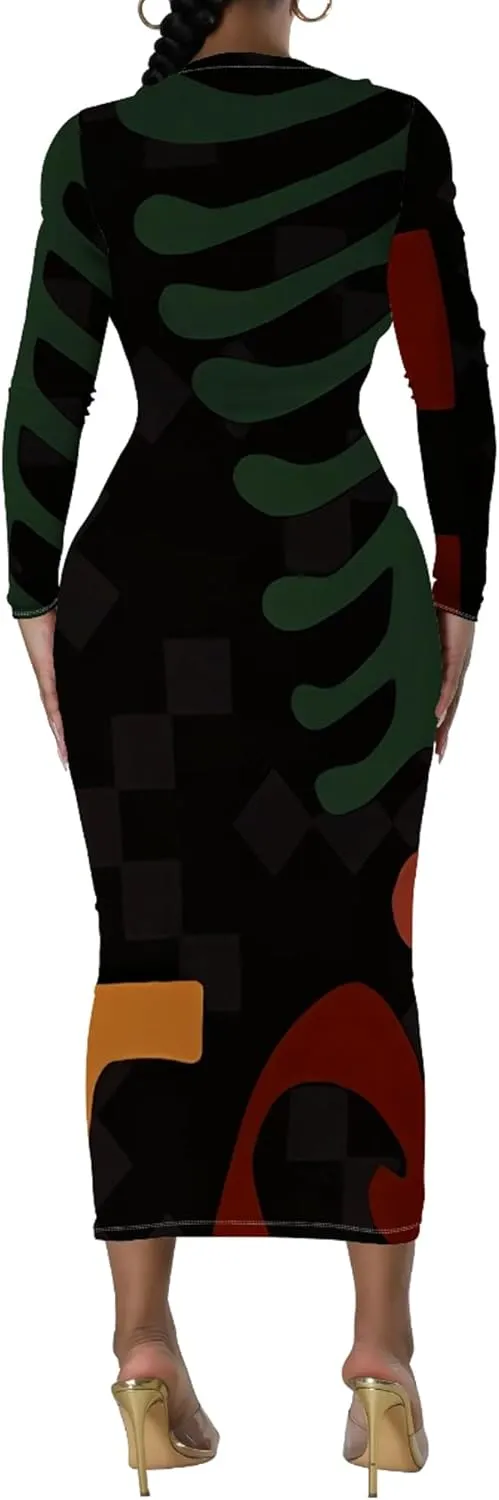 Women's Fashion Basic Pencil Bodycon Dress Casual Crewneck Long Sleeves Midi Dress Elegant Slim Cocktail Party Outfits