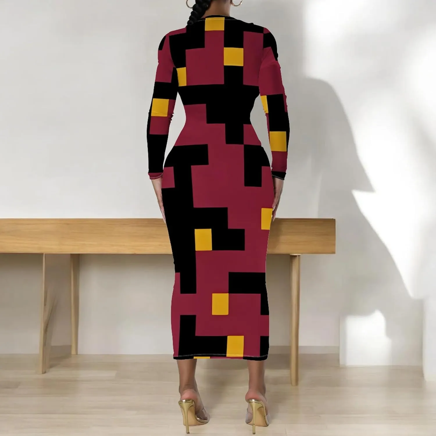 Women's Fashion Basic Pencil Bodycon Dress Casual Crewneck Long Sleeves Midi Dress Elegant Slim Cocktail Party Outfits