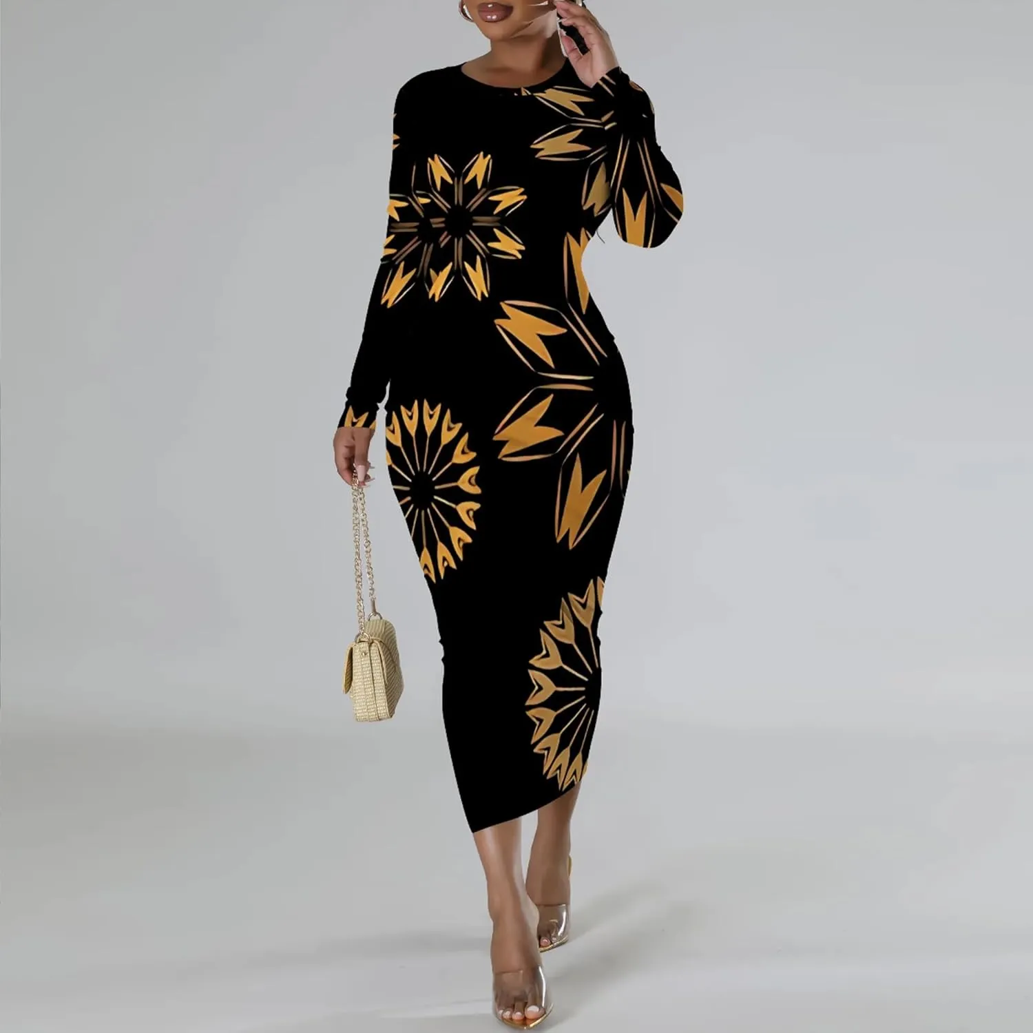 Women's Fashion Basic Pencil Bodycon Dress Casual Crewneck Long Sleeves Midi Dress Elegant Slim Cocktail Party Outfits