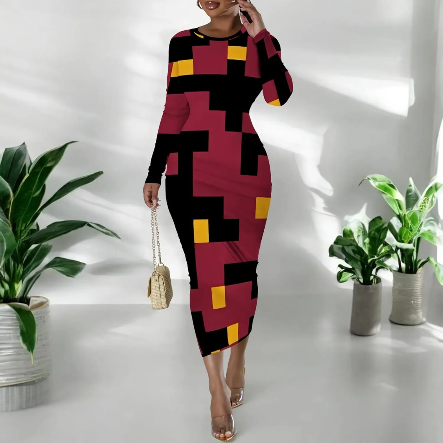 Women's Fashion Basic Pencil Bodycon Dress Casual Crewneck Long Sleeves Midi Dress Elegant Slim Cocktail Party Outfits