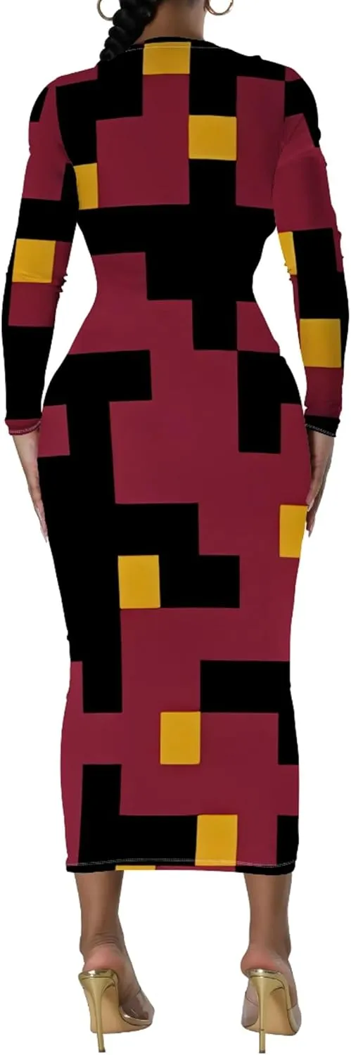 Women's Fashion Basic Pencil Bodycon Dress Casual Crewneck Long Sleeves Midi Dress Elegant Slim Cocktail Party Outfits