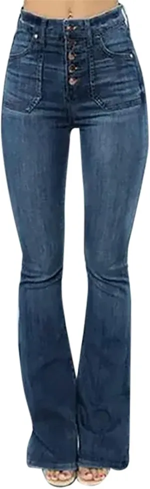 Women's Flare Bell Bottom Jeans Classic High Waist Stretch Jeggings with Pockets Hem Denim Flared Pants