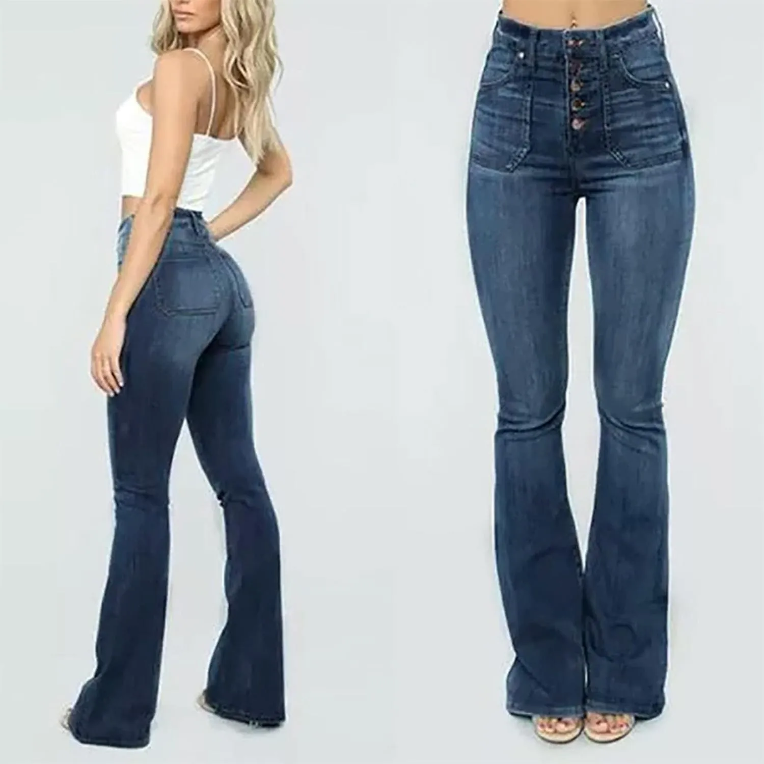Women's Flare Bell Bottom Jeans Classic High Waist Stretch Jeggings with Pockets Hem Denim Flared Pants
