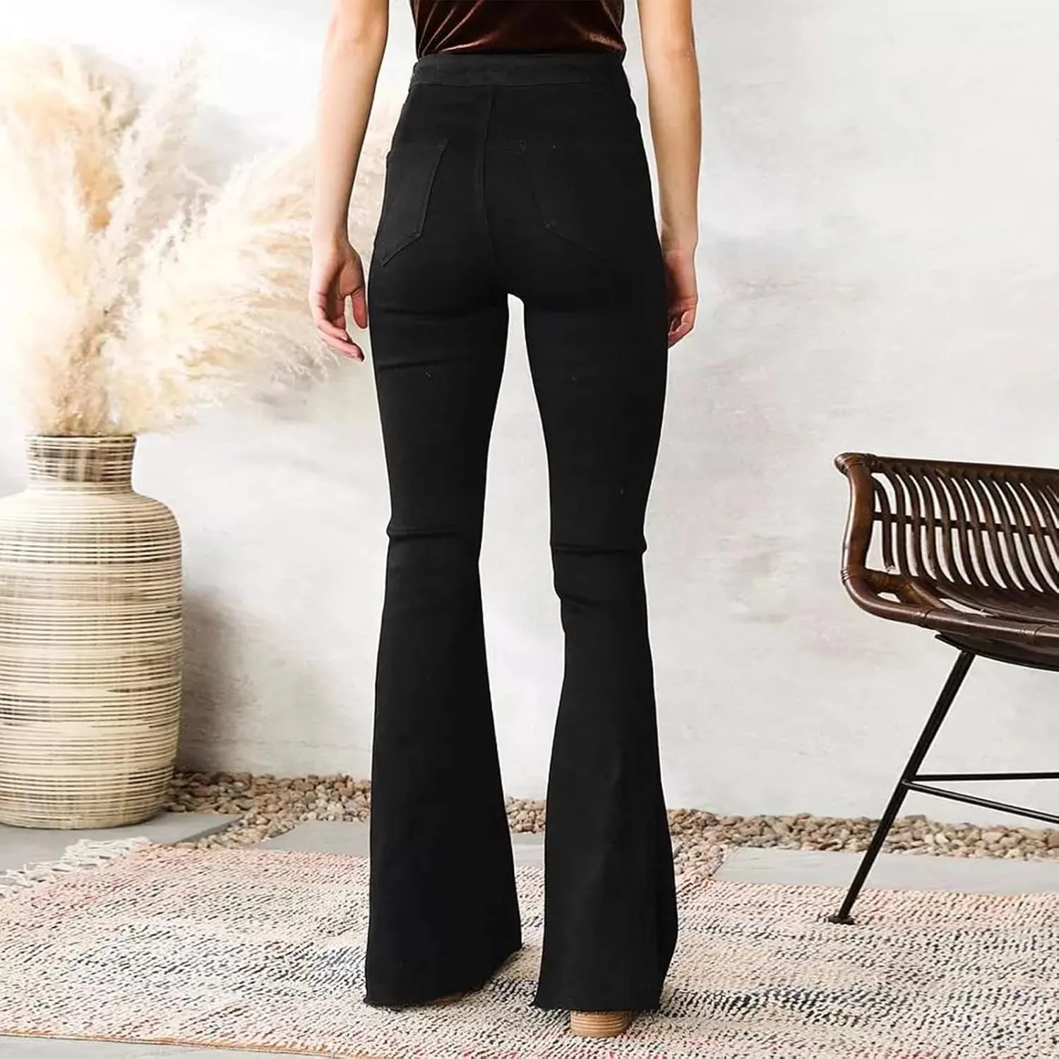 Women's Flare Bell Bottom Jeans Destroyed Elastic Waist Pull On Bootcut Tassel Stretch Curvy Fit Jeans