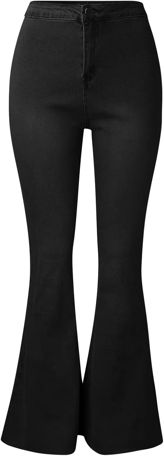 Women's Flare Bell Bottom Jeans Destroyed Elastic Waist Pull On Bootcut Tassel Stretch Curvy Fit Jeans