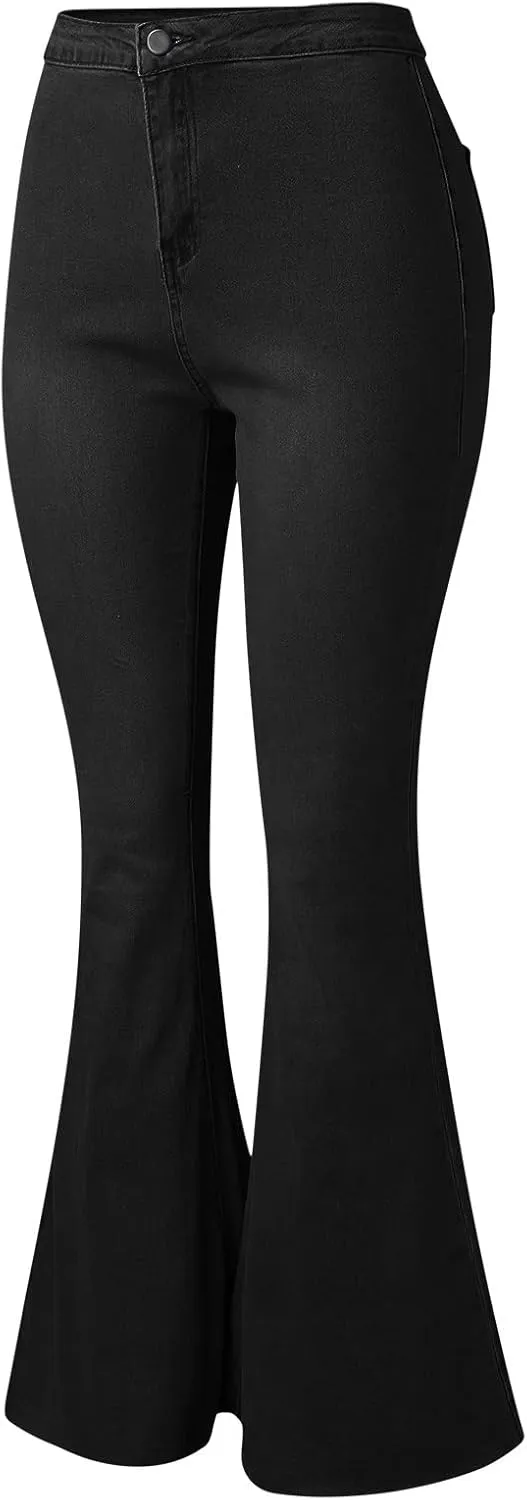 Women's Flare Bell Bottom Jeans Destroyed Elastic Waist Pull On Bootcut Tassel Stretch Curvy Fit Jeans
