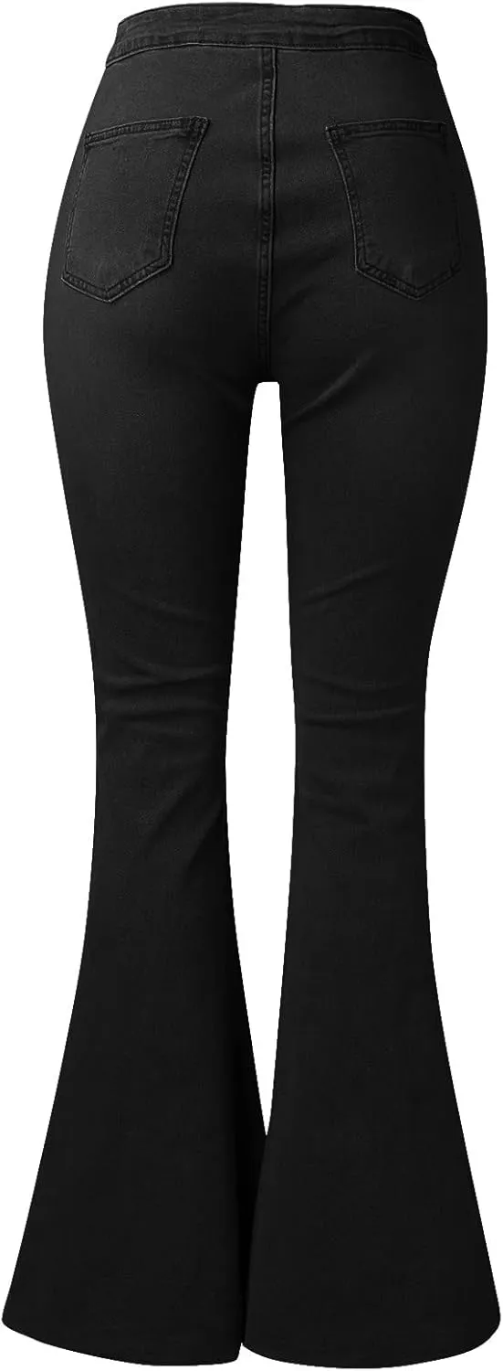 Women's Flare Bell Bottom Jeans Destroyed Elastic Waist Pull On Bootcut Tassel Stretch Curvy Fit Jeans