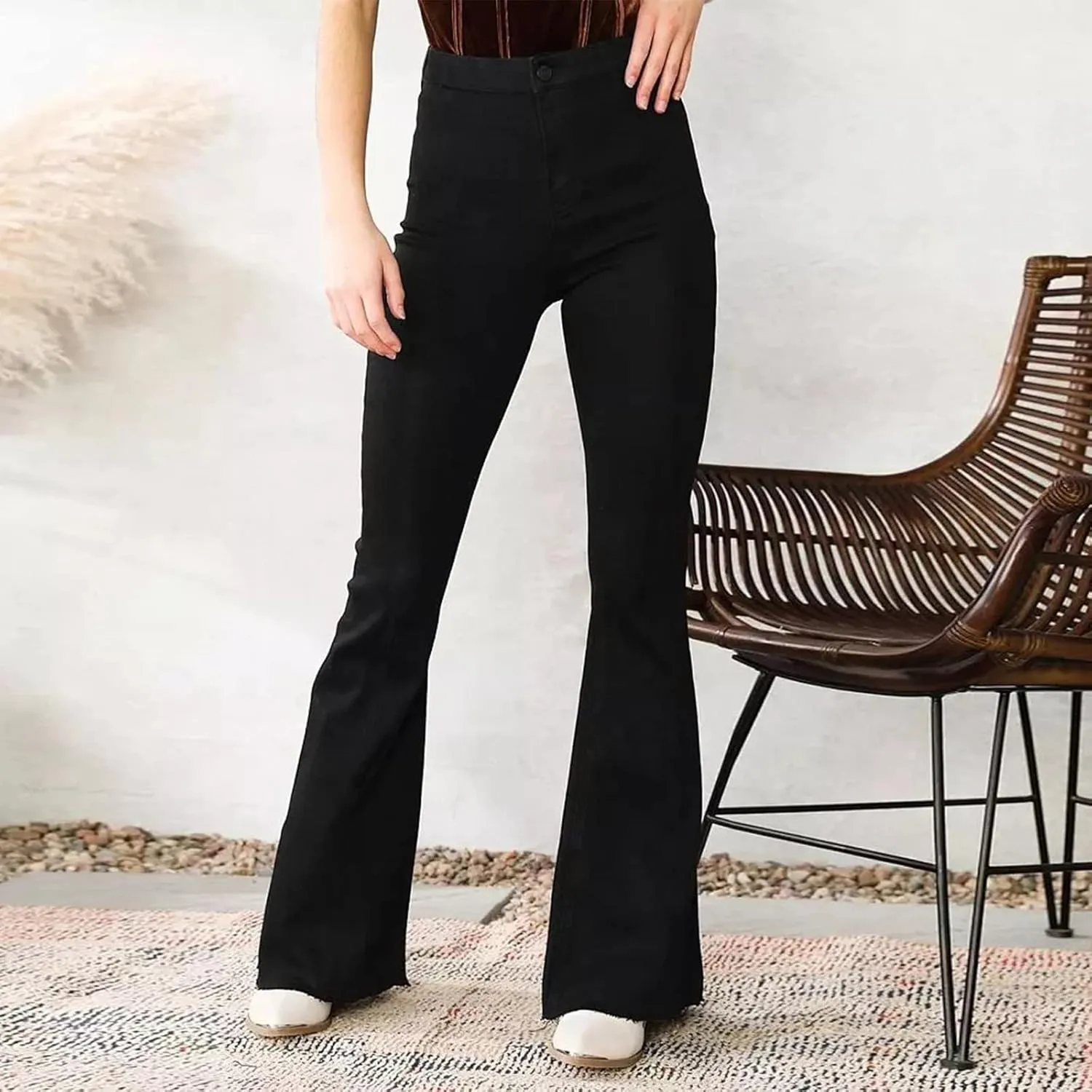 Women's Flare Bell Bottom Jeans Destroyed Elastic Waist Pull On Bootcut Tassel Stretch Curvy Fit Jeans