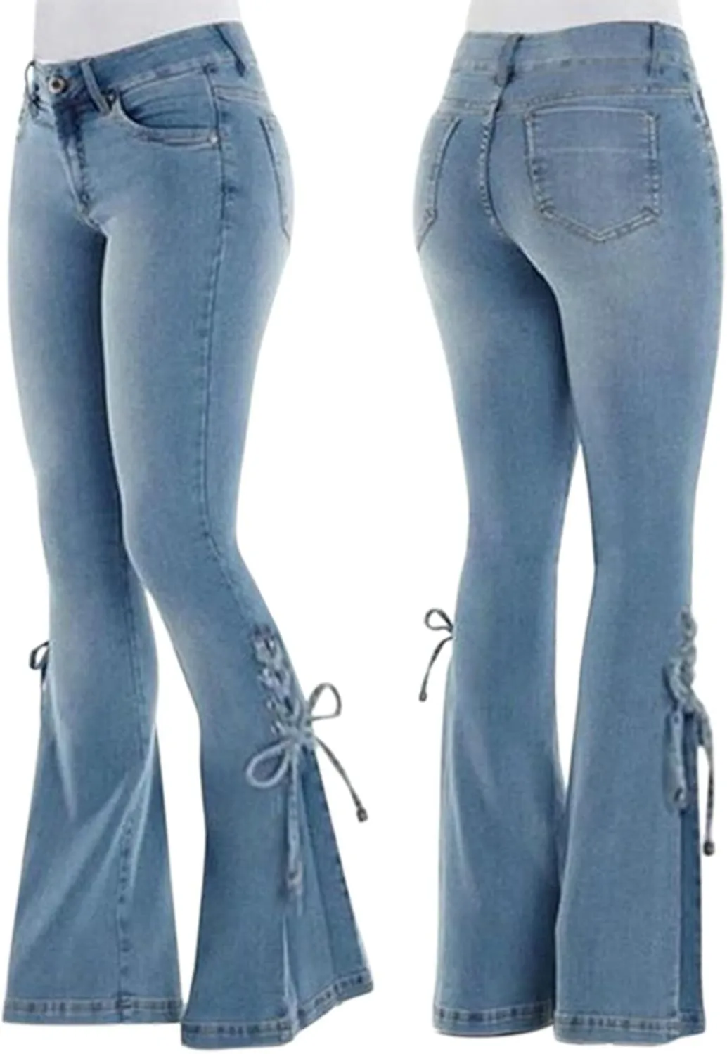 Women's Flare Bell Bottom Jeans Ripped High Rise Stretch Jeggings with Pockets Button Fly Flared Jeans Denim Pants