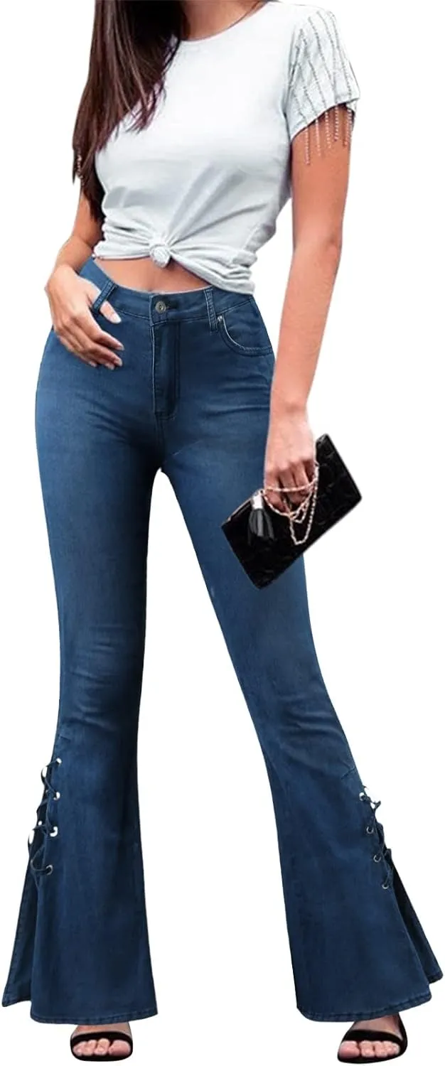 Women's Flare Bell Bottom Jeans Ripped High Rise Stretch Jeggings with Pockets Button Fly Flared Jeans Denim Pants