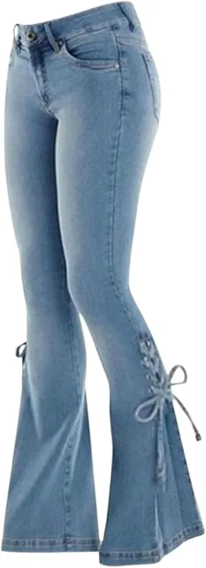 Women's Flare Bell Bottom Jeans Ripped High Rise Stretch Jeggings with Pockets Button Fly Flared Jeans Denim Pants