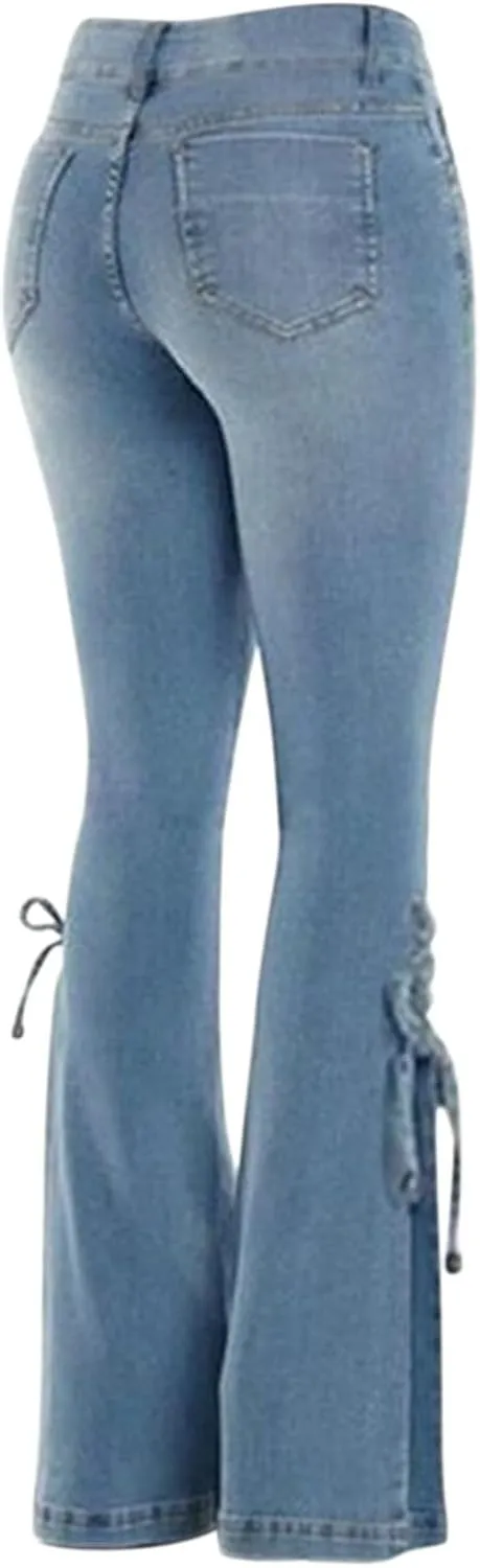 Women's Flare Bell Bottom Jeans Ripped High Rise Stretch Jeggings with Pockets Button Fly Flared Jeans Denim Pants