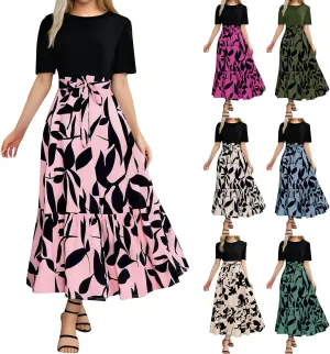 Womens Floral Long Dresses 2025 Elegant Boho Tie Belted Patchwork Boho Dress Empire Waist Short Sleeve Flowy Maxi Dress