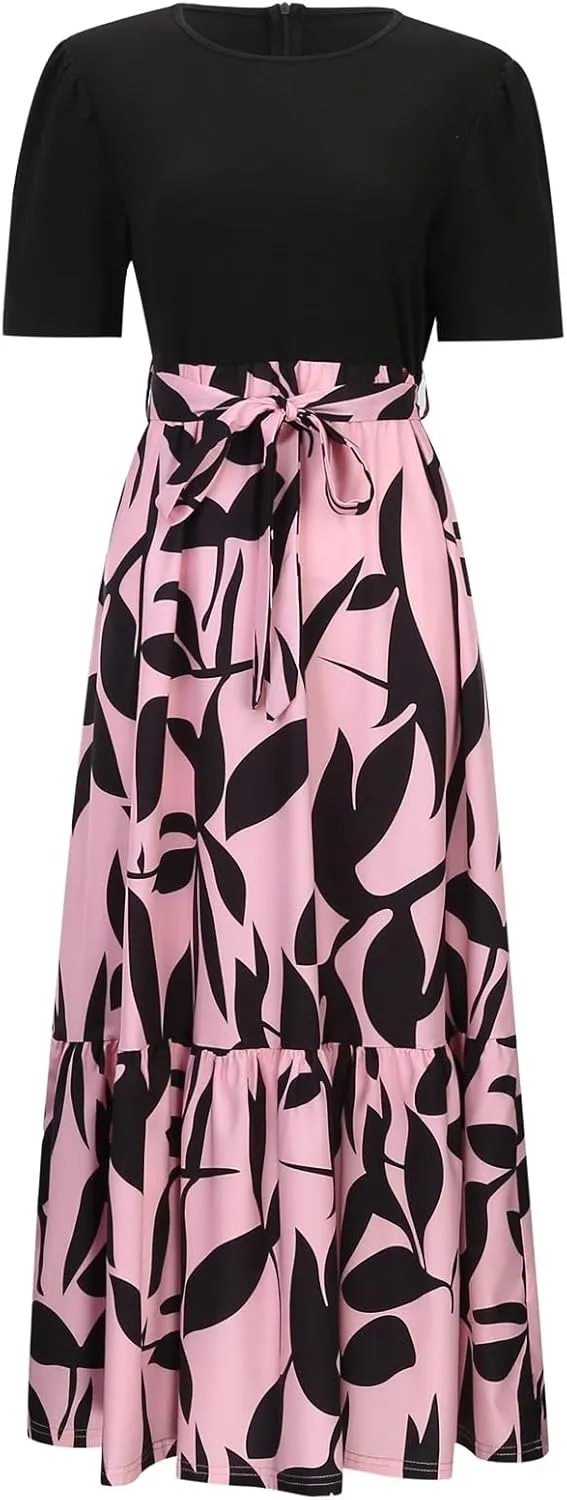Womens Floral Long Dresses 2025 Elegant Boho Tie Belted Patchwork Boho Dress Empire Waist Short Sleeve Flowy Maxi Dress