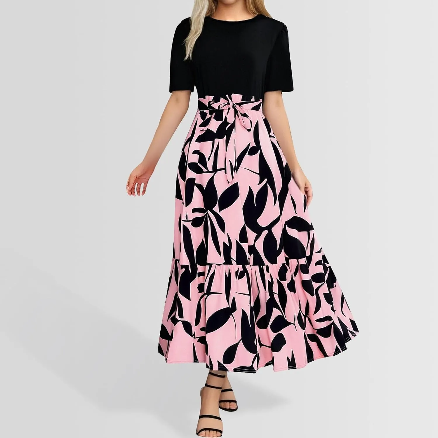 Womens Floral Long Dresses 2025 Elegant Boho Tie Belted Patchwork Boho Dress Empire Waist Short Sleeve Flowy Maxi Dress