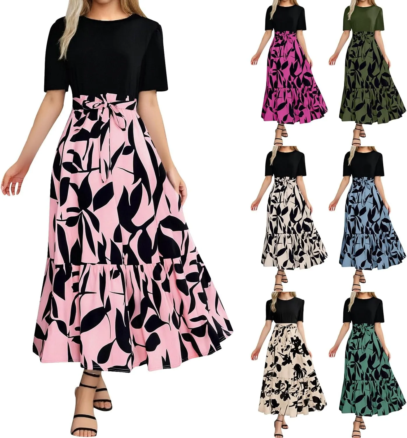 Womens Floral Long Dresses 2025 Elegant Boho Tie Belted Patchwork Boho Dress Empire Waist Short Sleeve Flowy Maxi Dress