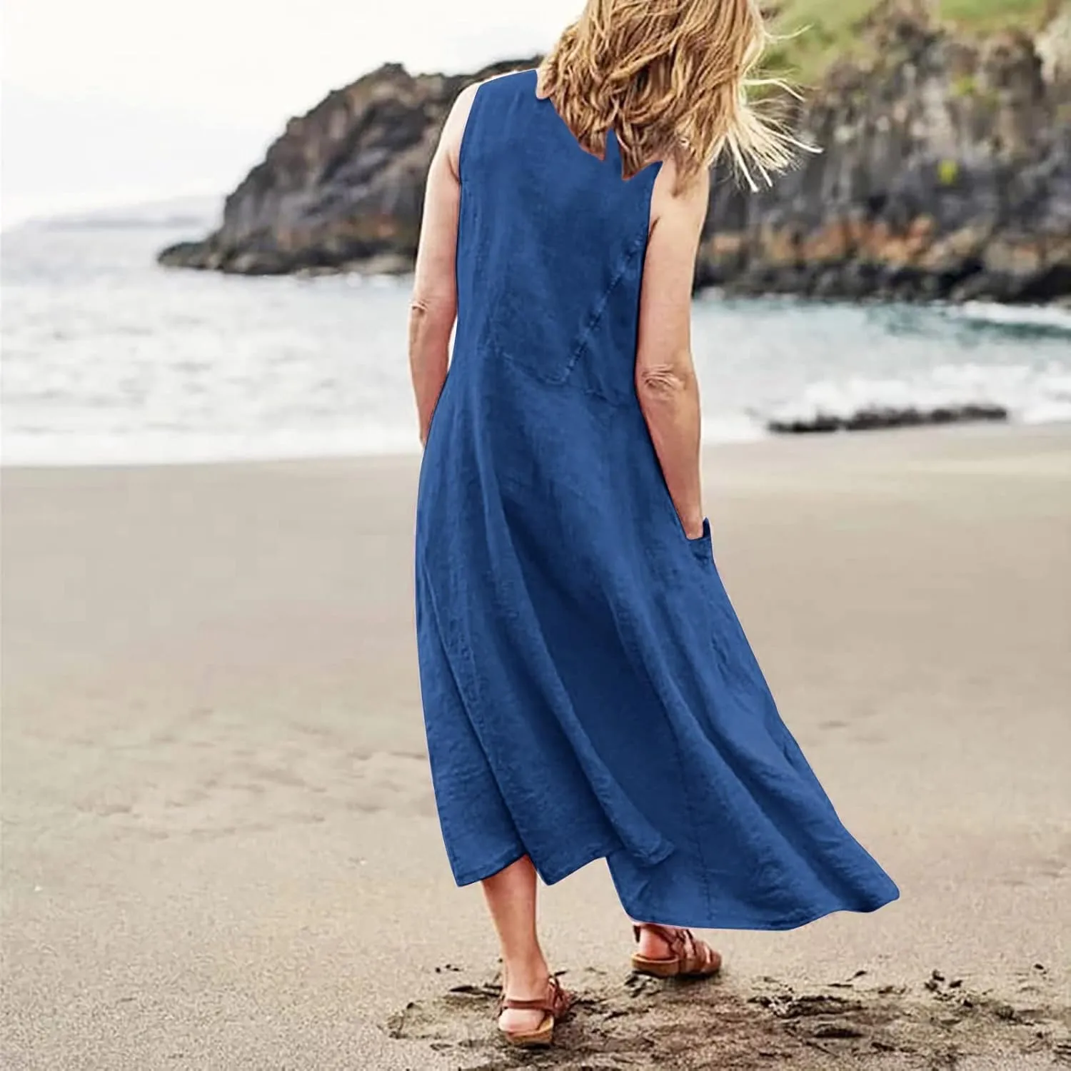 Womens Floral Maxi Dresses Plus Size Sleeveless Linen Boho Dress Long Flowy Sun Dress Summer Cotton Linen Tank Dress