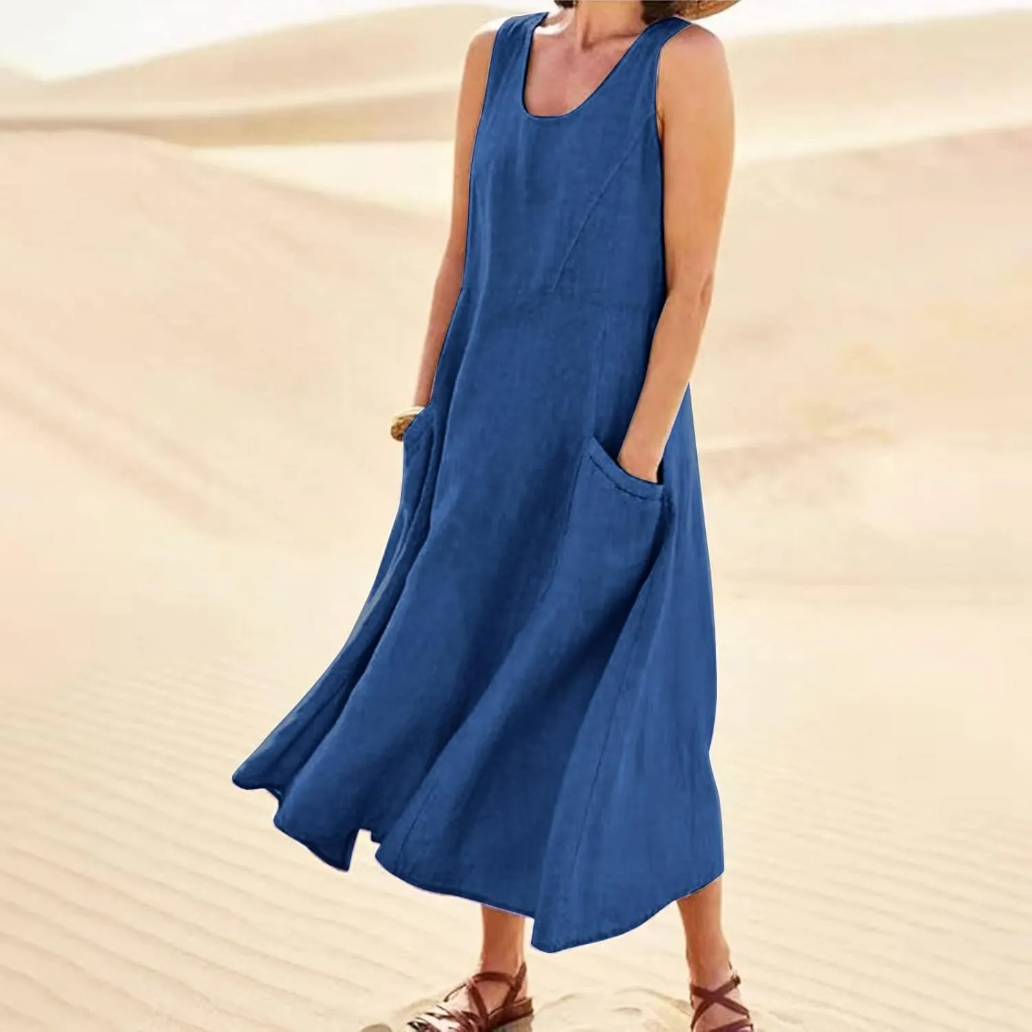 Womens Floral Maxi Dresses Plus Size Sleeveless Linen Boho Dress Long Flowy Sun Dress Summer Cotton Linen Tank Dress