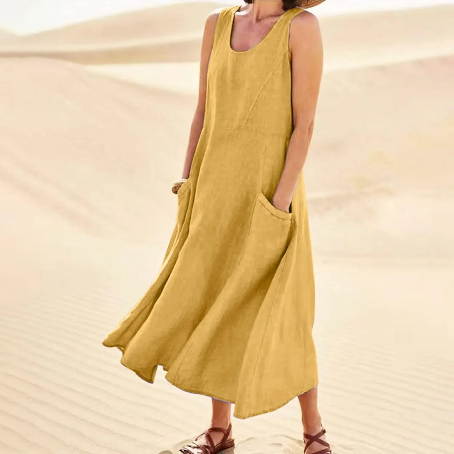 Womens Floral Maxi Dresses Plus Size Sleeveless Linen Boho Dress Long Flowy Sun Dress Summer Cotton Linen Tank Dress