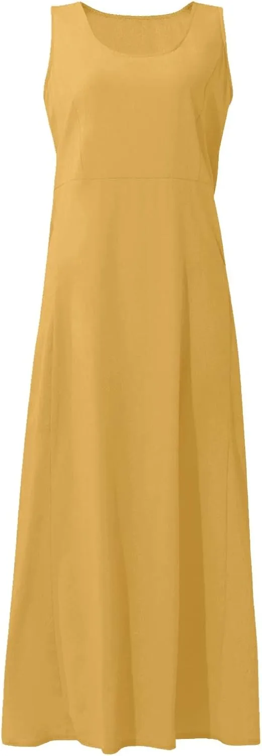 Womens Floral Maxi Dresses Plus Size Sleeveless Linen Boho Dress Long Flowy Sun Dress Summer Cotton Linen Tank Dress