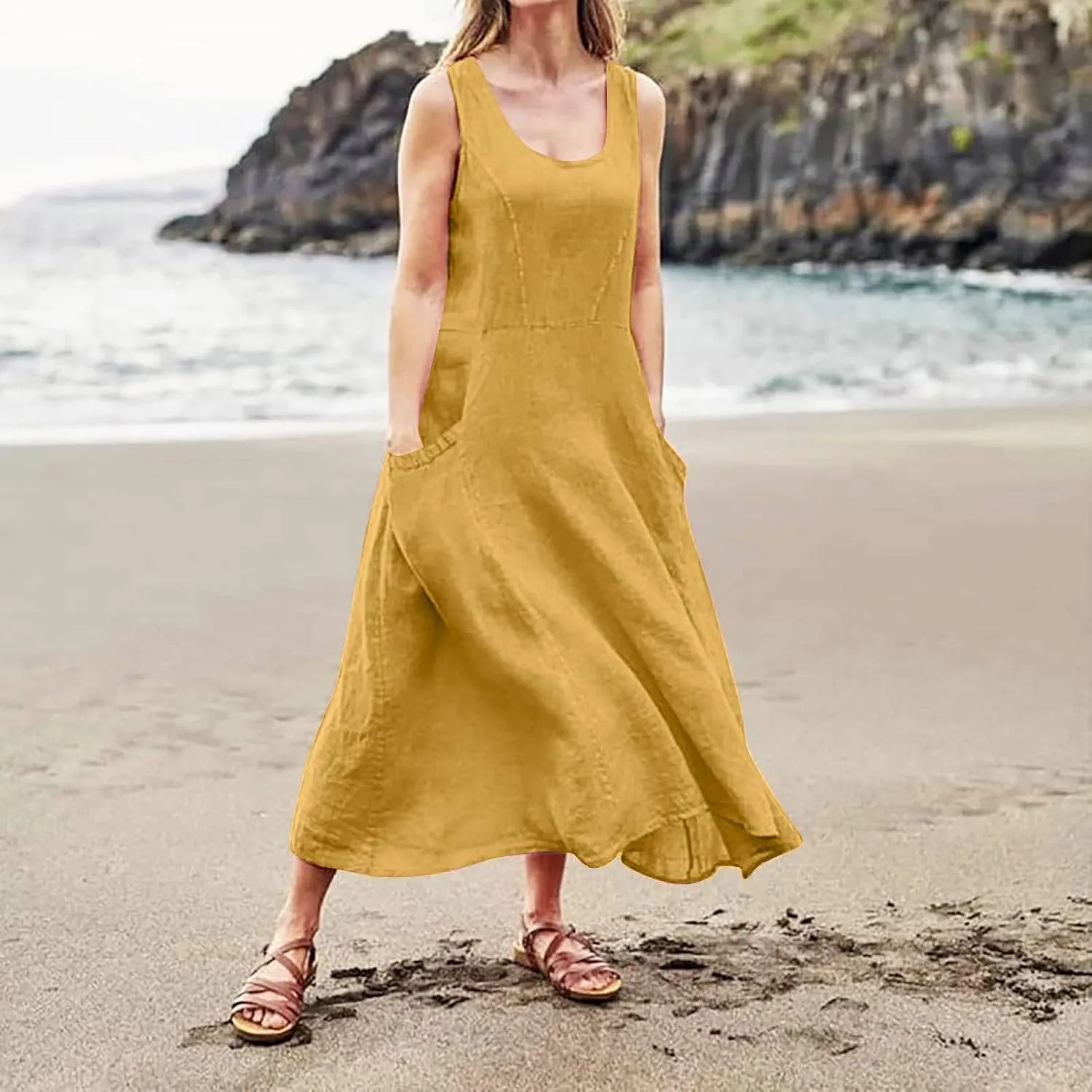 Womens Floral Maxi Dresses Plus Size Sleeveless Linen Boho Dress Long Flowy Sun Dress Summer Cotton Linen Tank Dress