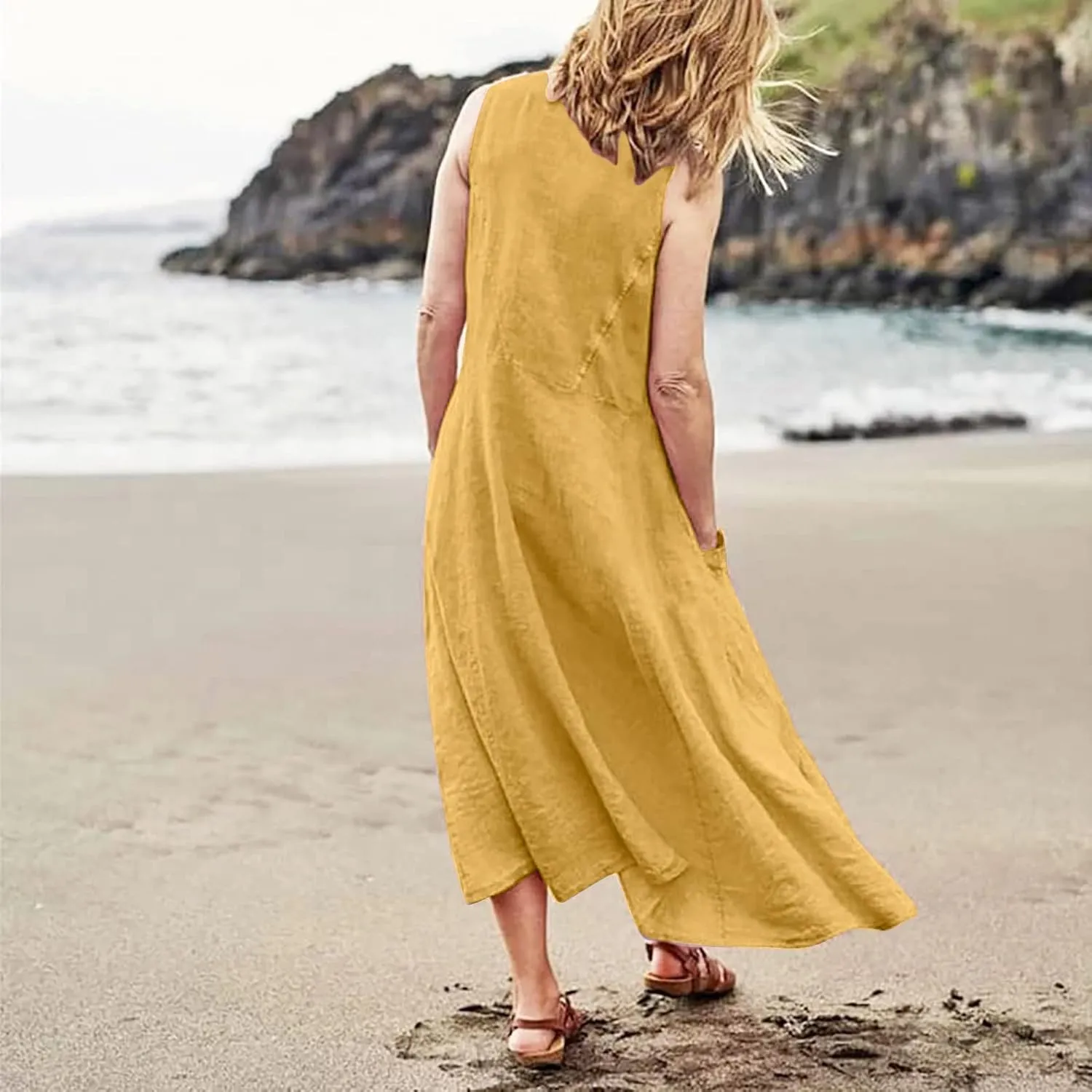 Womens Floral Maxi Dresses Plus Size Sleeveless Linen Boho Dress Long Flowy Sun Dress Summer Cotton Linen Tank Dress