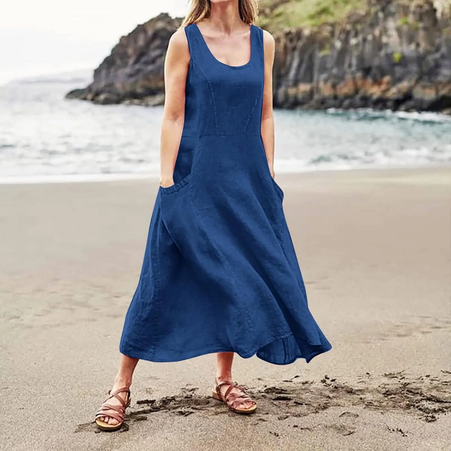 Womens Floral Maxi Dresses Plus Size Sleeveless Linen Boho Dress Long Flowy Sun Dress Summer Cotton Linen Tank Dress