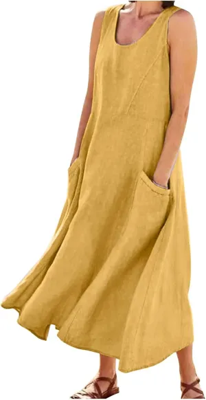Womens Floral Maxi Dresses Plus Size Sleeveless Linen Boho Dress Long Flowy Sun Dress Summer Cotton Linen Tank Dress