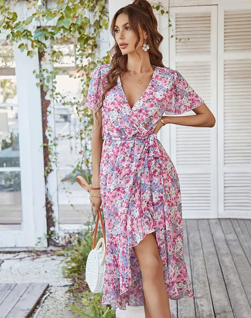 Women's Floral Print Midi Dresses Boho V Neck Button Up Short Sleeve Ruffle Beach Party Dress