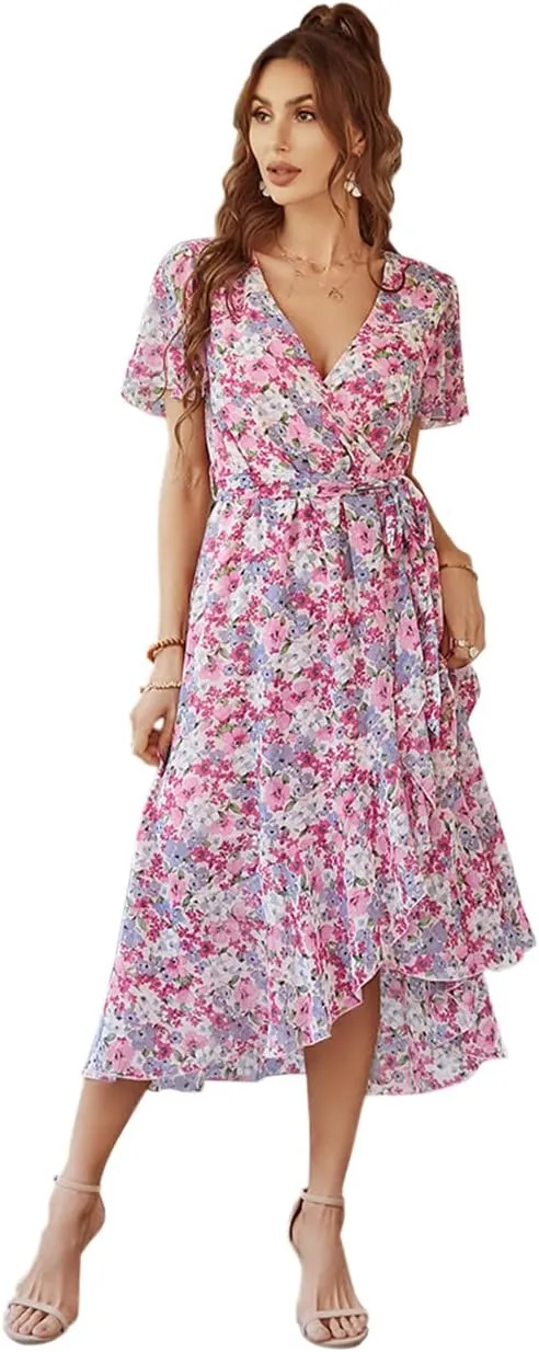 Women's Floral Print Midi Dresses Boho V Neck Button Up Short Sleeve Ruffle Beach Party Dress