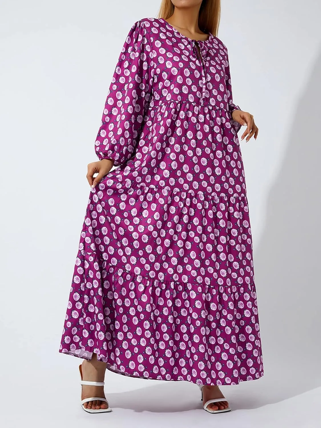 Women's Floral Puff Sleeve Maxi Dress Summer Bohemian V Neck Tiered Ruffle Hem Long Dress Loose Swing Sundress