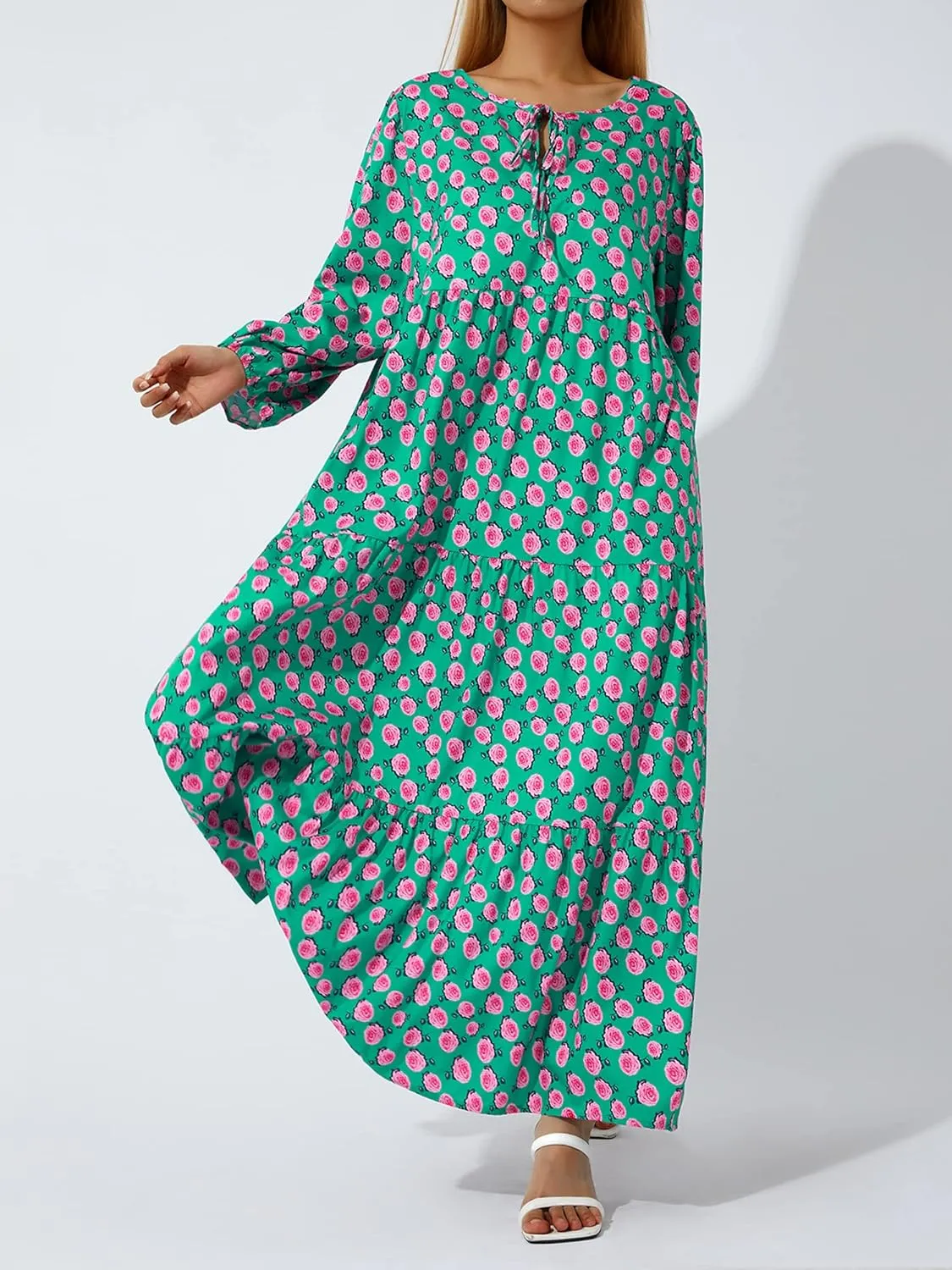 Women's Floral Puff Sleeve Maxi Dress Summer Bohemian V Neck Tiered Ruffle Hem Long Dress Loose Swing Sundress