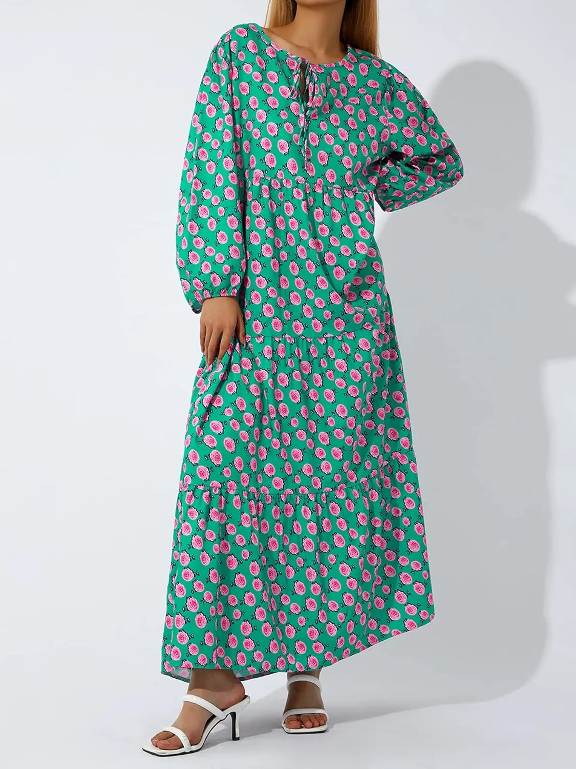 Women's Floral Puff Sleeve Maxi Dress Summer Bohemian V Neck Tiered Ruffle Hem Long Dress Loose Swing Sundress