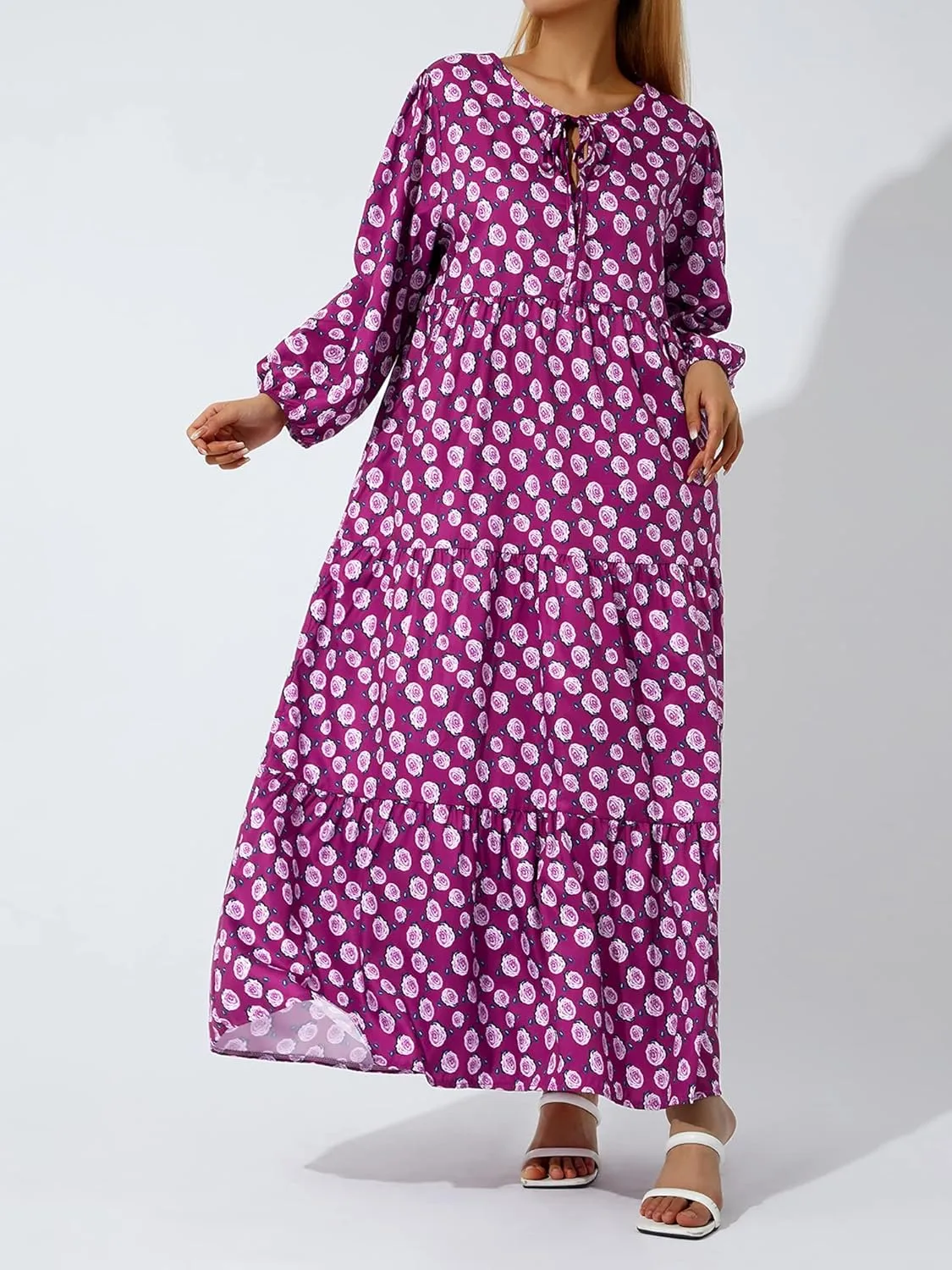 Women's Floral Puff Sleeve Maxi Dress Summer Bohemian V Neck Tiered Ruffle Hem Long Dress Loose Swing Sundress