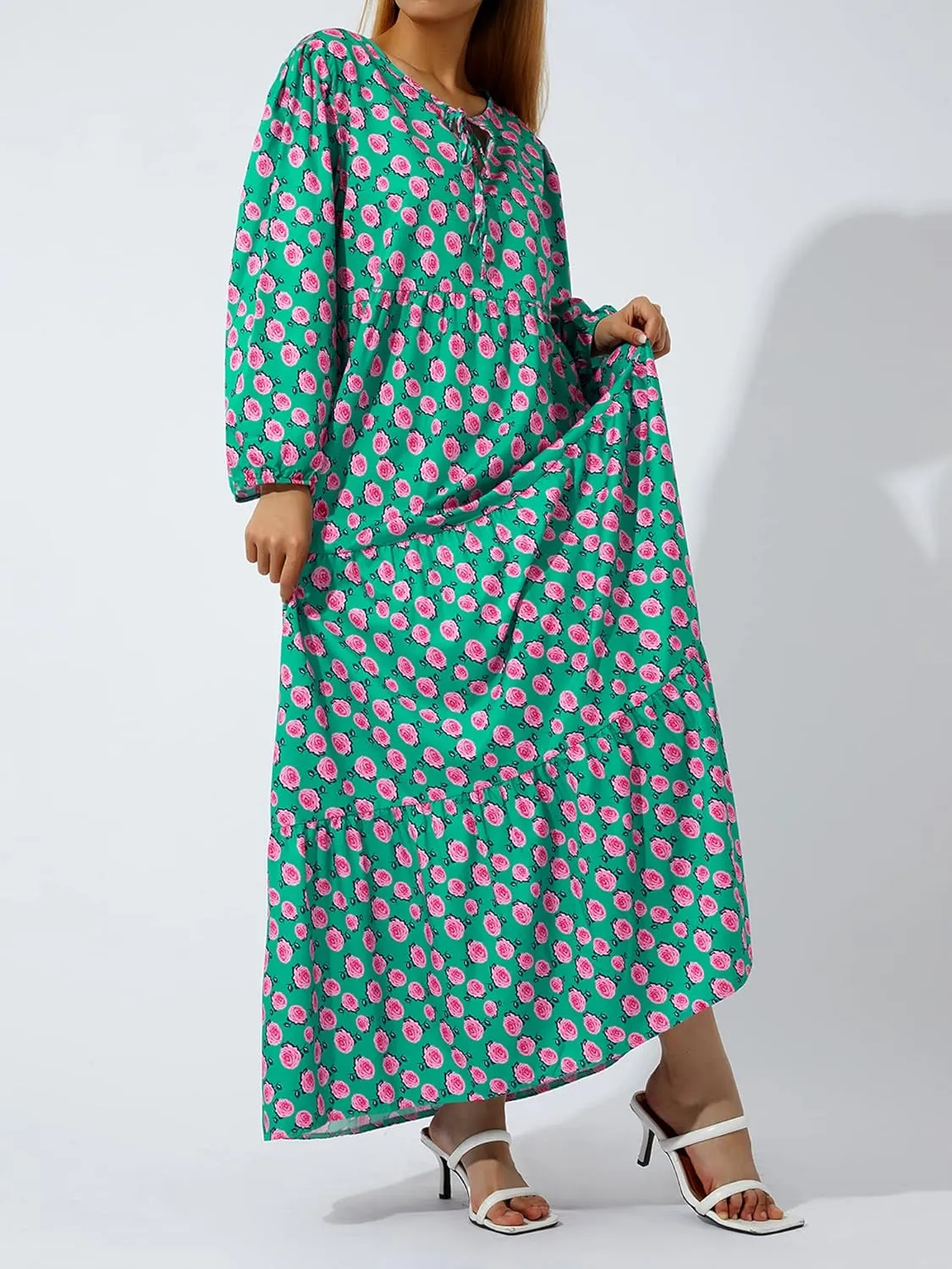 Women's Floral Puff Sleeve Maxi Dress Summer Bohemian V Neck Tiered Ruffle Hem Long Dress Loose Swing Sundress
