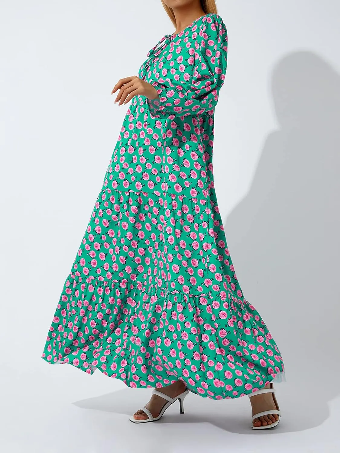 Women's Floral Puff Sleeve Maxi Dress Summer Bohemian V Neck Tiered Ruffle Hem Long Dress Loose Swing Sundress