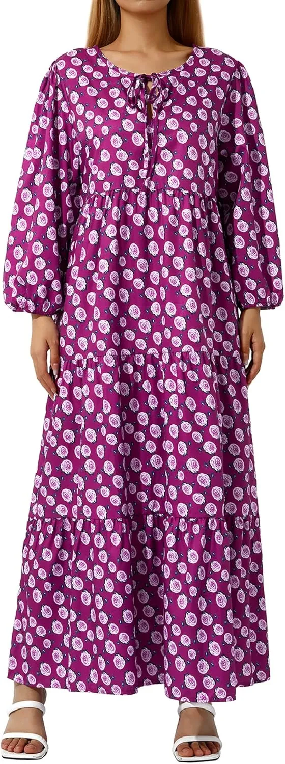 Women's Floral Puff Sleeve Maxi Dress Summer Bohemian V Neck Tiered Ruffle Hem Long Dress Loose Swing Sundress