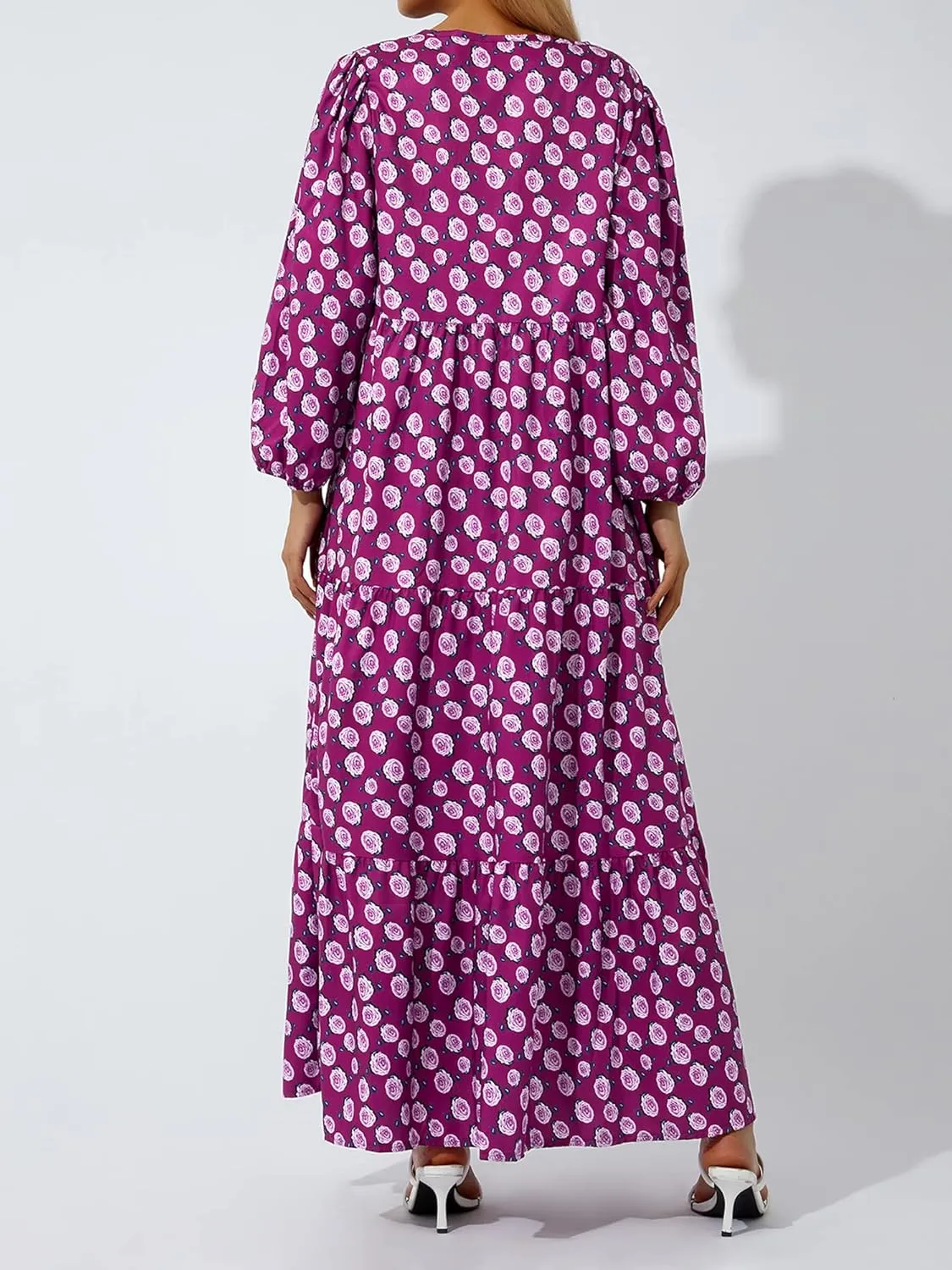 Women's Floral Puff Sleeve Maxi Dress Summer Bohemian V Neck Tiered Ruffle Hem Long Dress Loose Swing Sundress
