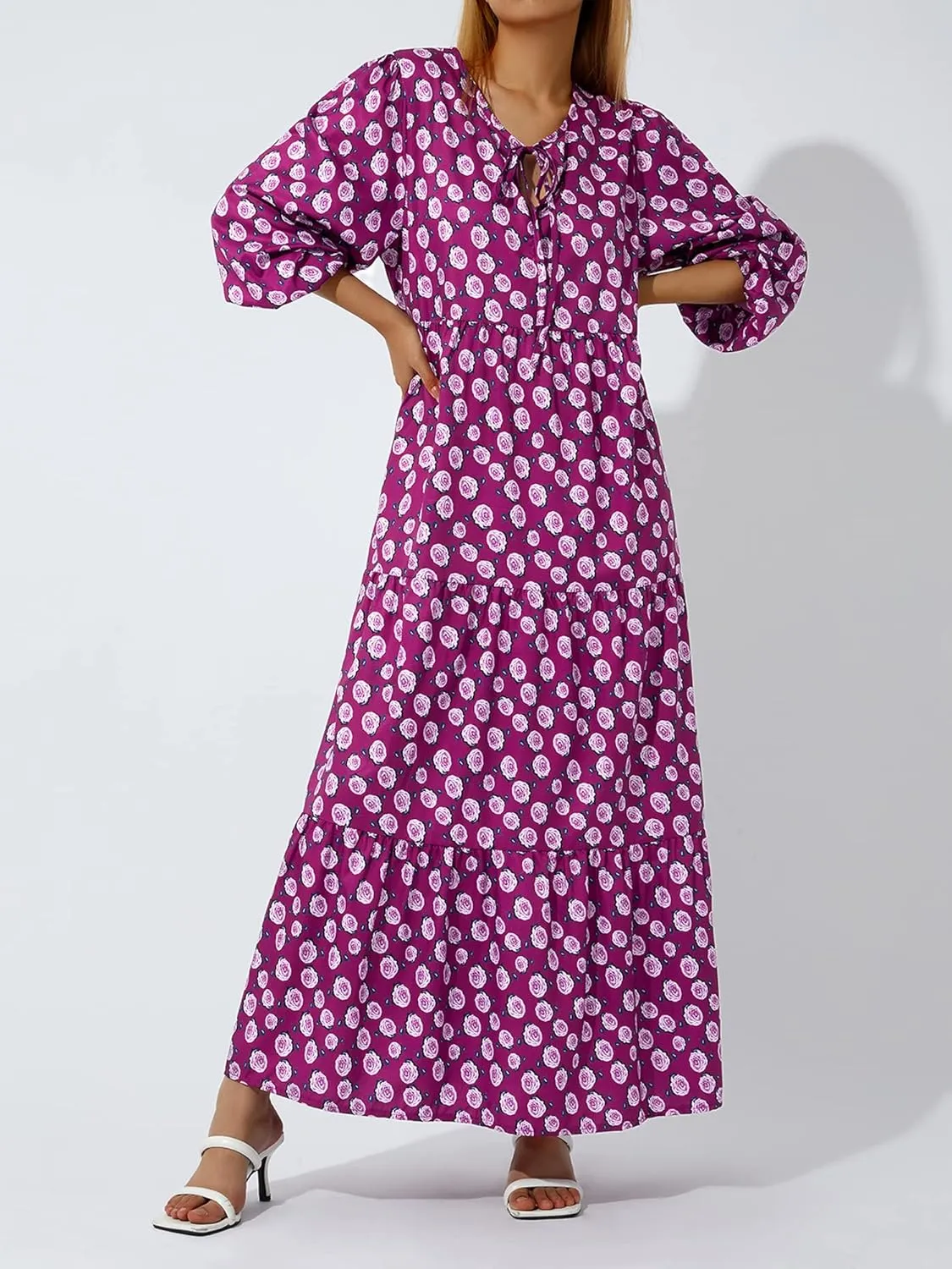 Women's Floral Puff Sleeve Maxi Dress Summer Bohemian V Neck Tiered Ruffle Hem Long Dress Loose Swing Sundress