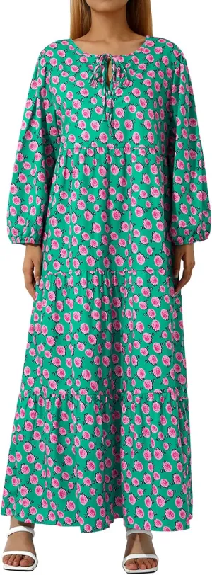 Women's Floral Puff Sleeve Maxi Dress Summer Bohemian V Neck Tiered Ruffle Hem Long Dress Loose Swing Sundress
