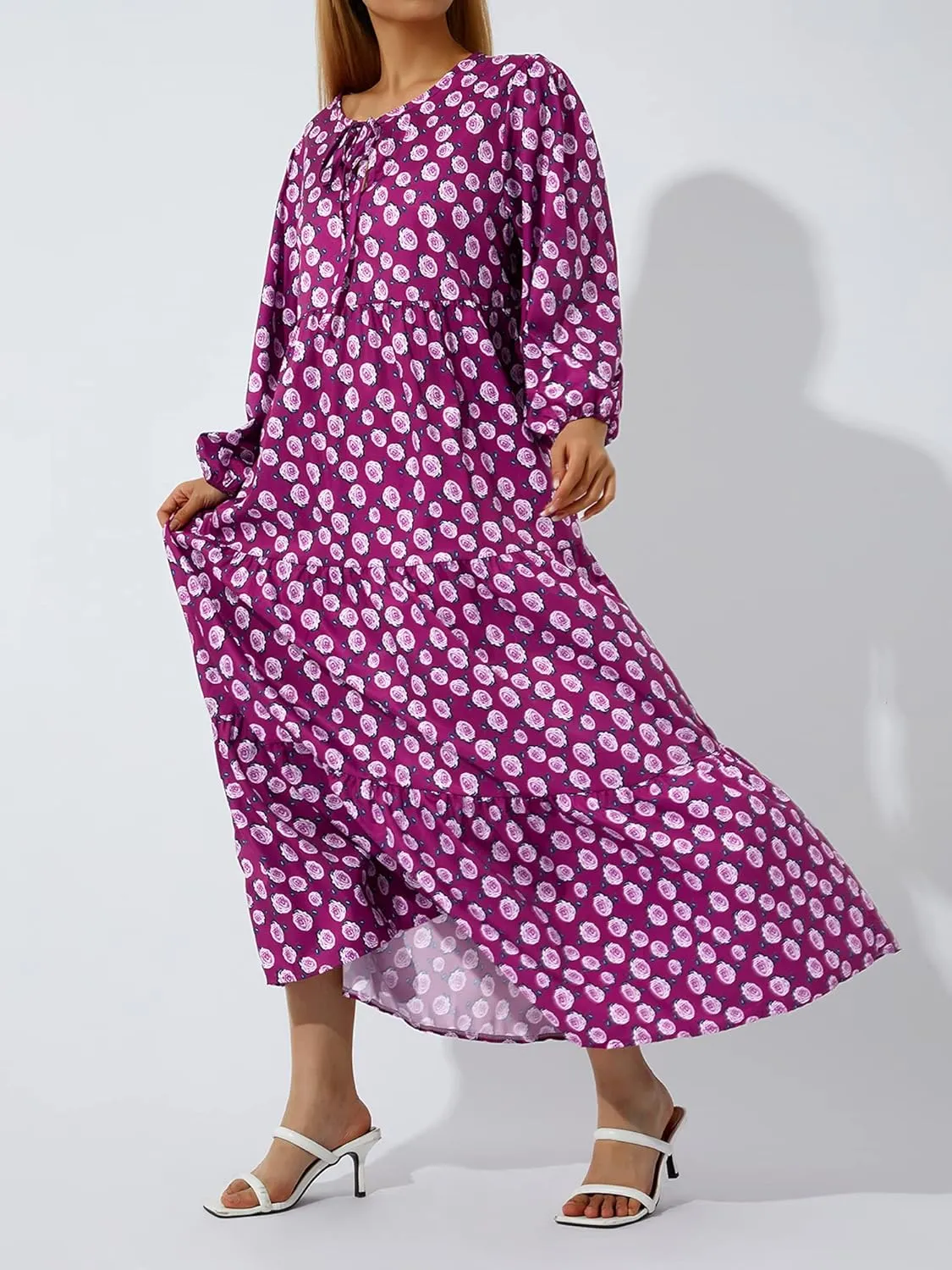 Women's Floral Puff Sleeve Maxi Dress Summer Bohemian V Neck Tiered Ruffle Hem Long Dress Loose Swing Sundress