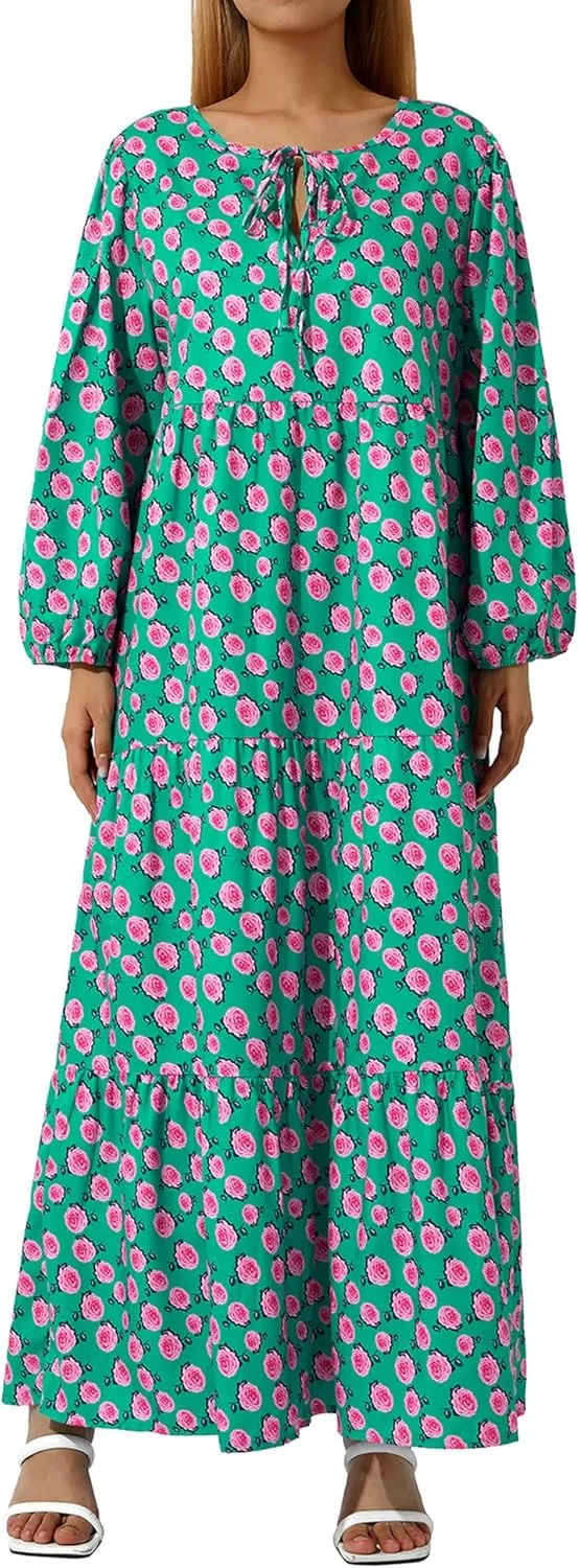 Women's Floral Puff Sleeve Maxi Dress Summer Bohemian V Neck Tiered Ruffle Hem Long Dress Loose Swing Sundress