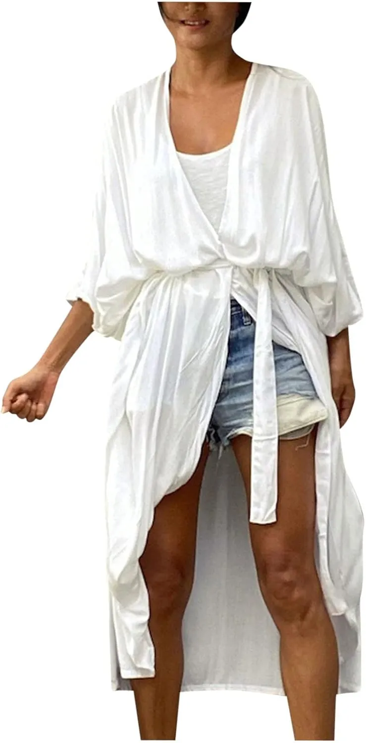 Women's Flowy Kimono Cardigan Open Front Maxi Dress Swimwear Loose Beach Swimsuit Cover Up Summer Bathing Suit 2023