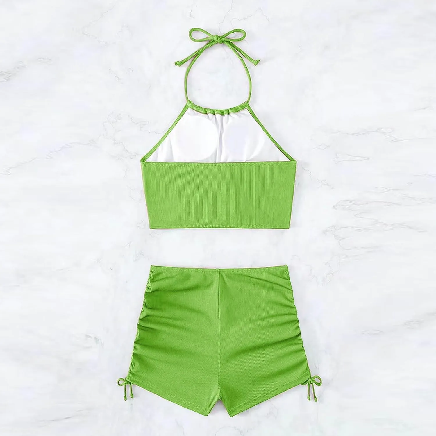 Womens Halter Crop Top Bikini Set Two Piece Drawstring High Waisted Shorts Swimsuit Rib Knitted Ruched Bathing Suit