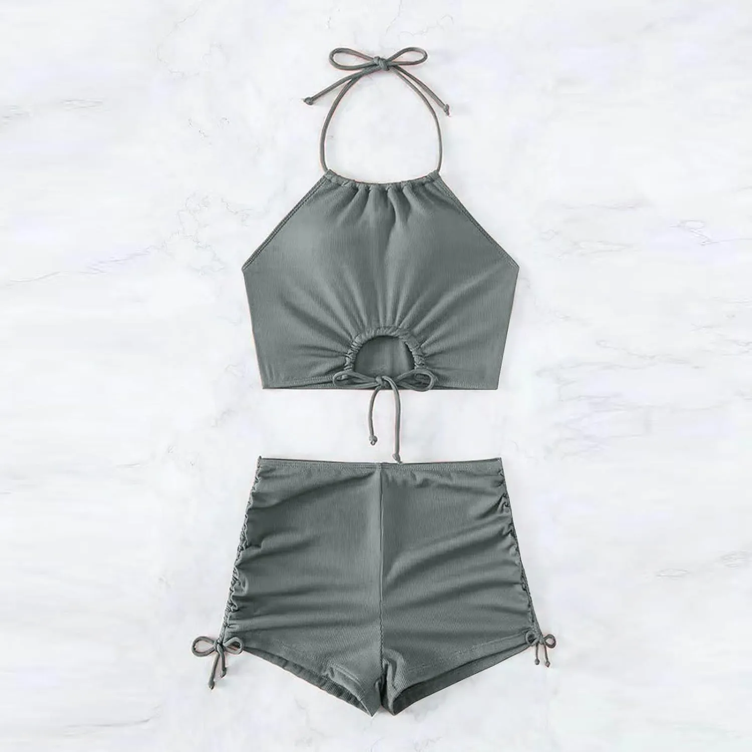 Womens Halter Crop Top Bikini Set Two Piece Drawstring High Waisted Shorts Swimsuit Rib Knitted Ruched Bathing Suit