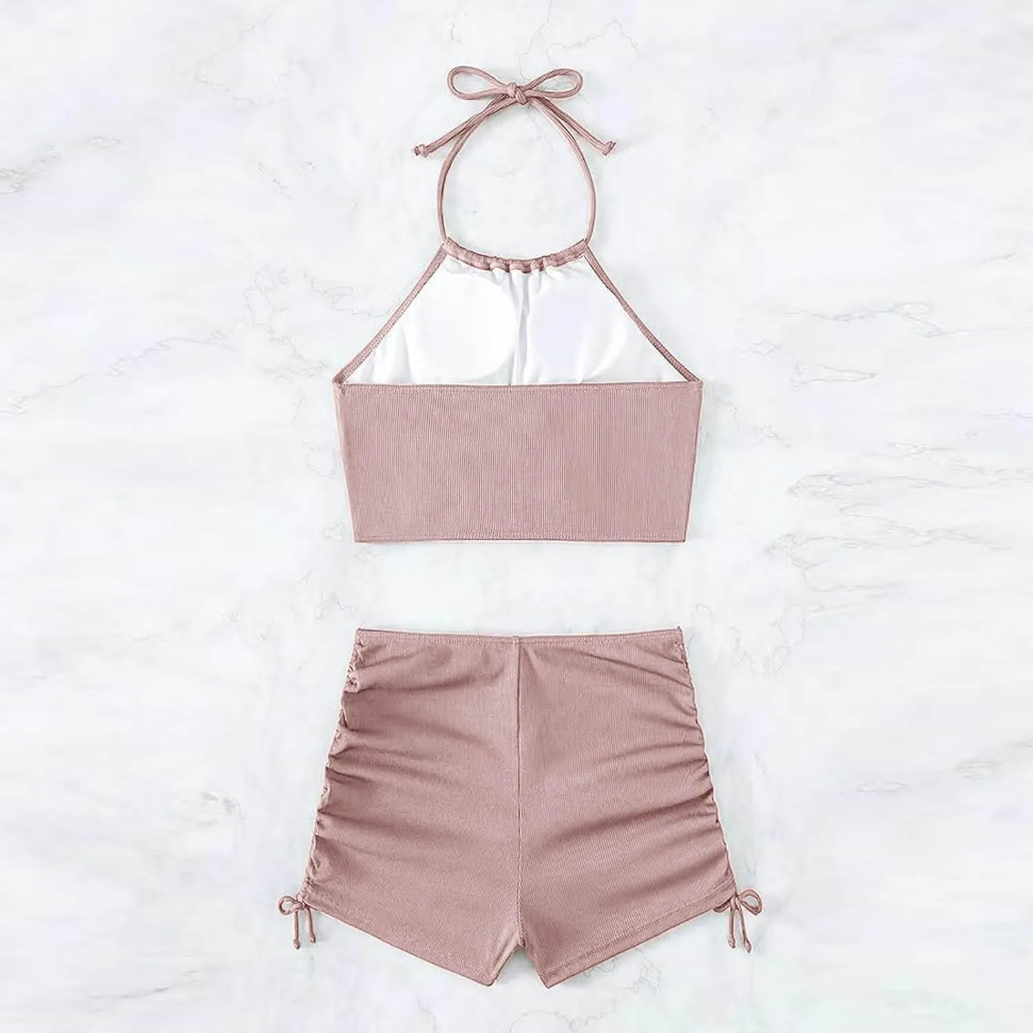 Womens Halter Crop Top Bikini Set Two Piece Drawstring High Waisted Shorts Swimsuit Rib Knitted Ruched Bathing Suit
