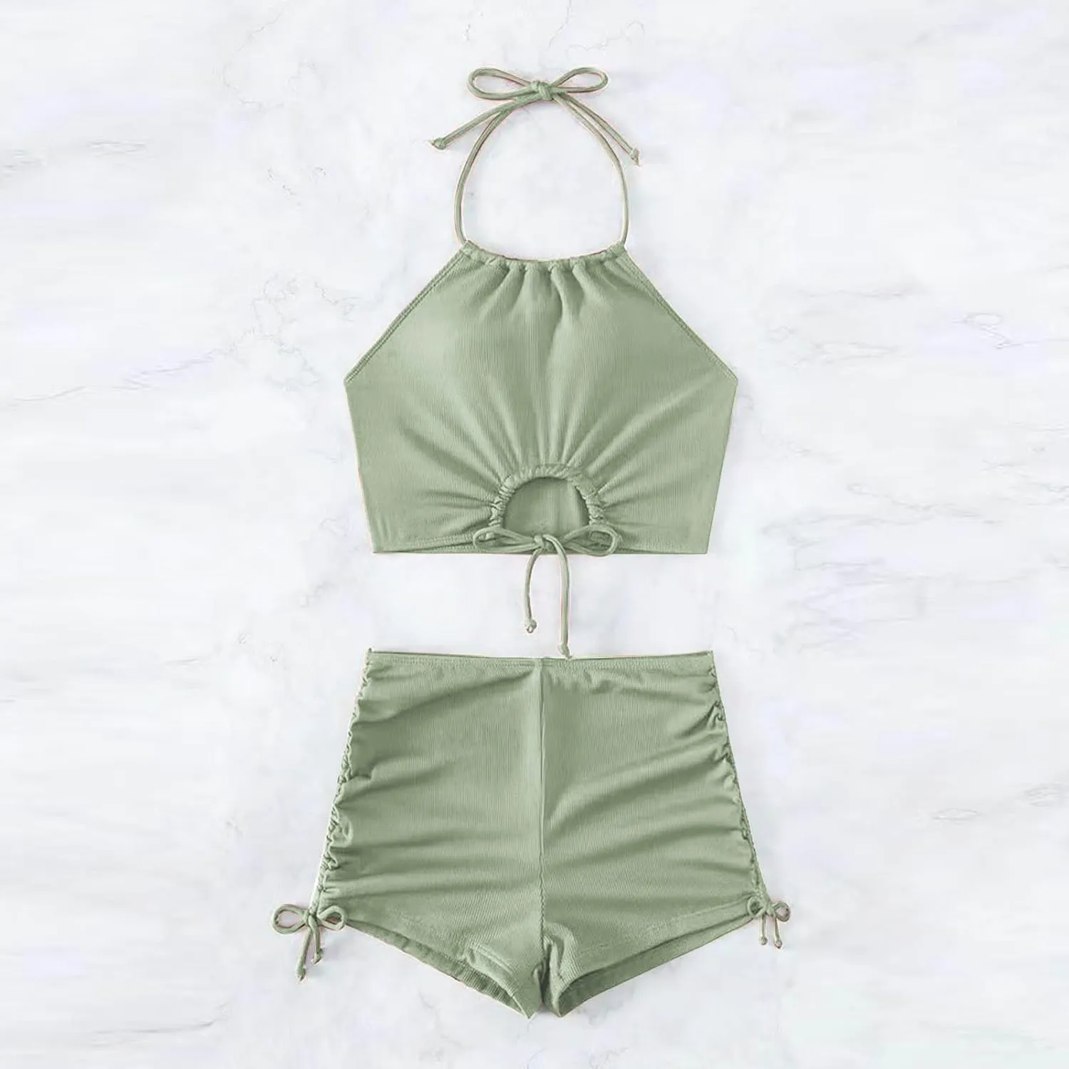 Womens Halter Crop Top Bikini Set Two Piece Drawstring High Waisted Shorts Swimsuit Rib Knitted Ruched Bathing Suit