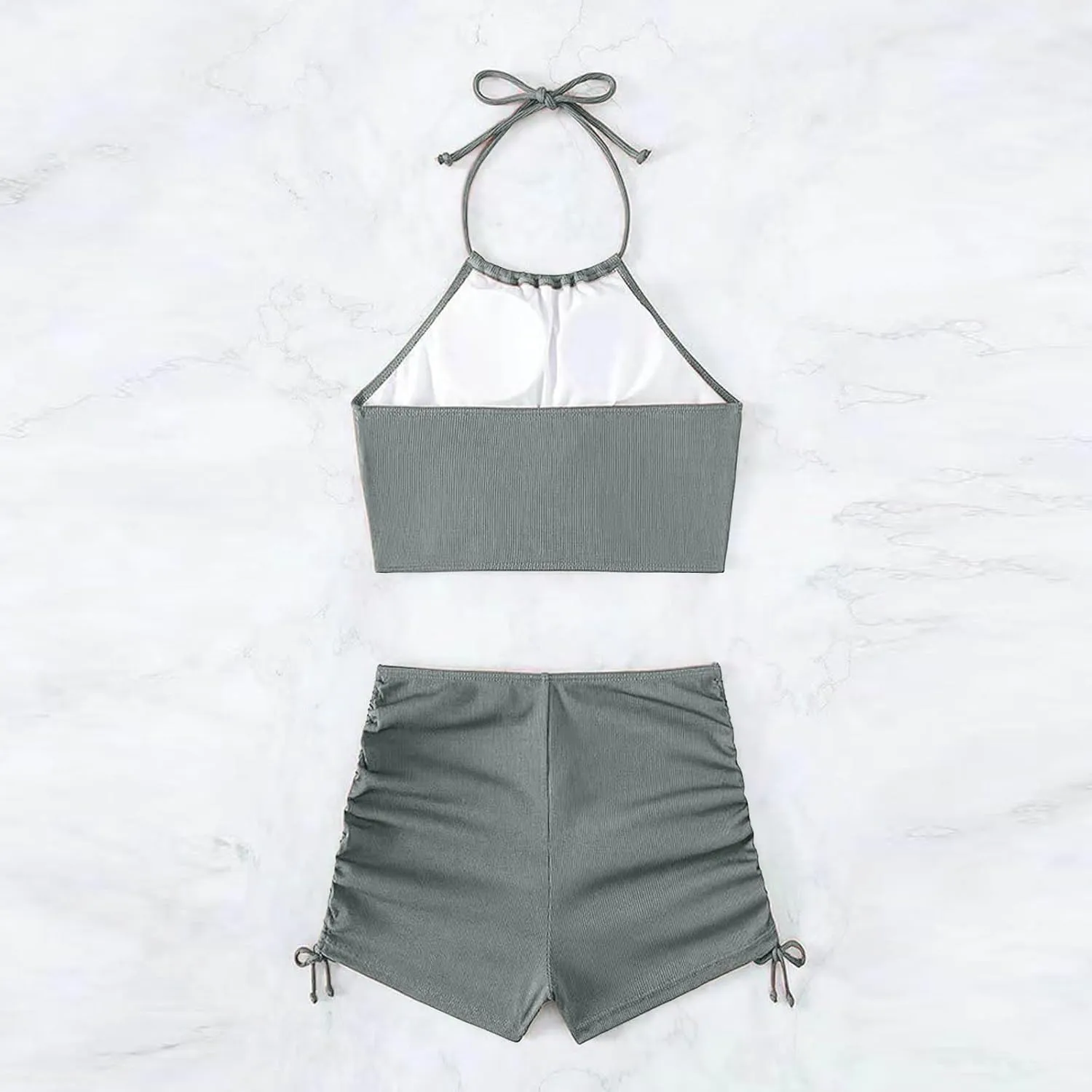 Womens Halter Crop Top Bikini Set Two Piece Drawstring High Waisted Shorts Swimsuit Rib Knitted Ruched Bathing Suit