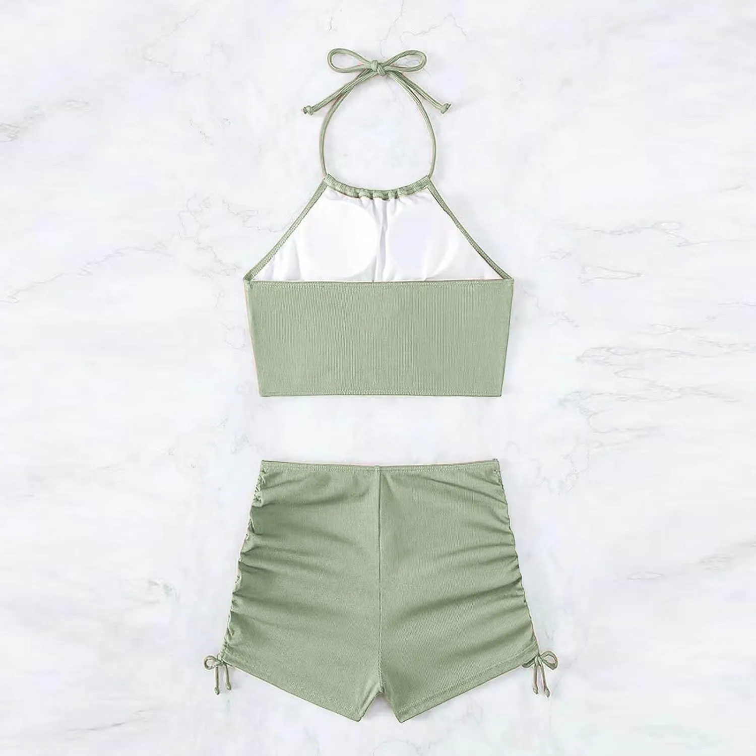 Womens Halter Crop Top Bikini Set Two Piece Drawstring High Waisted Shorts Swimsuit Rib Knitted Ruched Bathing Suit